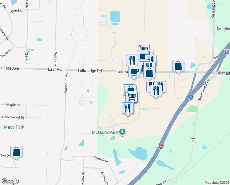 map of restaurants, bars, coffee shops, grocery stores, and more near 98 Tallmadge Road in Kent