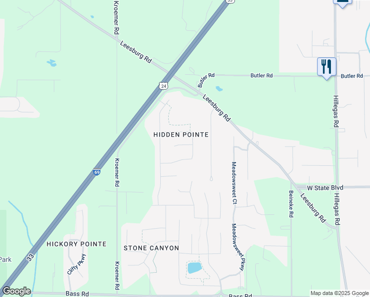 map of restaurants, bars, coffee shops, grocery stores, and more near 2504 Grand Canyon Corridor in Fort Wayne