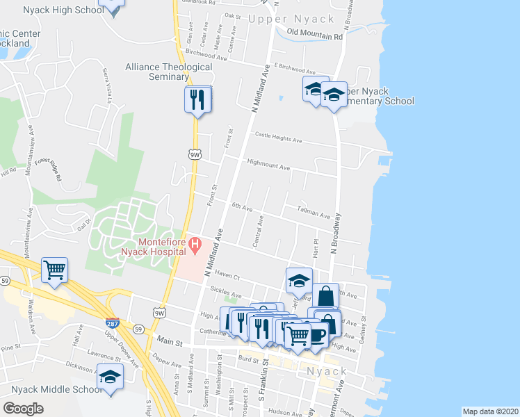 map of restaurants, bars, coffee shops, grocery stores, and more near 26 Central Avenue North in Nyack