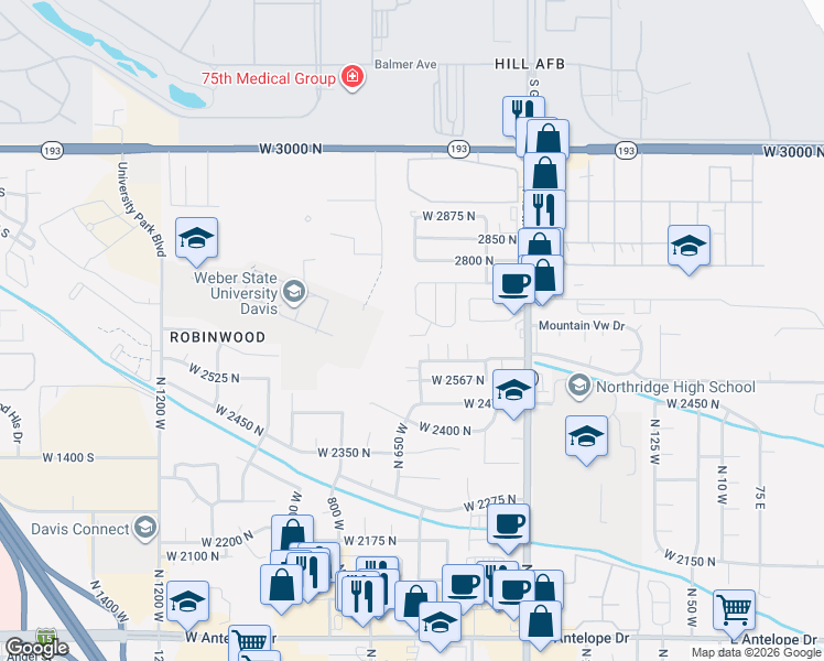 map of restaurants, bars, coffee shops, grocery stores, and more near 122-128 2750 North in Layton