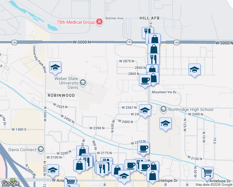 map of restaurants, bars, coffee shops, grocery stores, and more near 122-128 2750 North in Layton