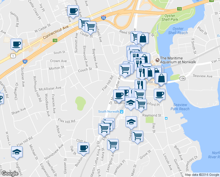 map of restaurants, bars, coffee shops, grocery stores, and more near 144 Flax Hill Road in Norwalk