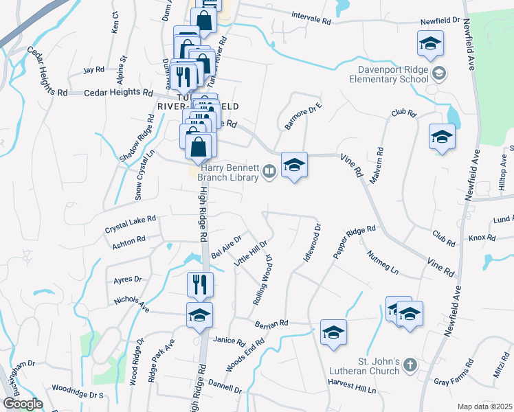 map of restaurants, bars, coffee shops, grocery stores, and more near 64 Tally Ho Lane in Stamford
