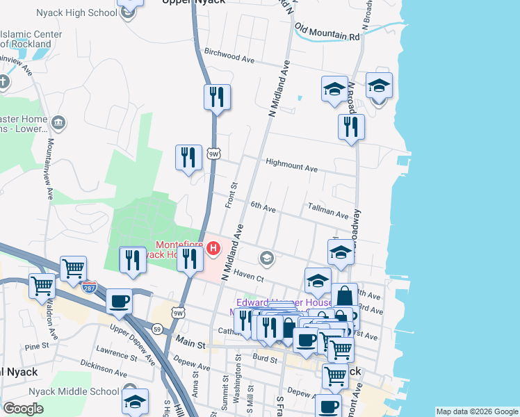 map of restaurants, bars, coffee shops, grocery stores, and more near 152a 6th Avenue in Nyack
