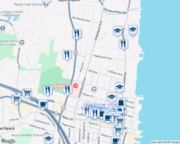 map of restaurants, bars, coffee shops, grocery stores, and more near 152a 6th Avenue in Nyack
