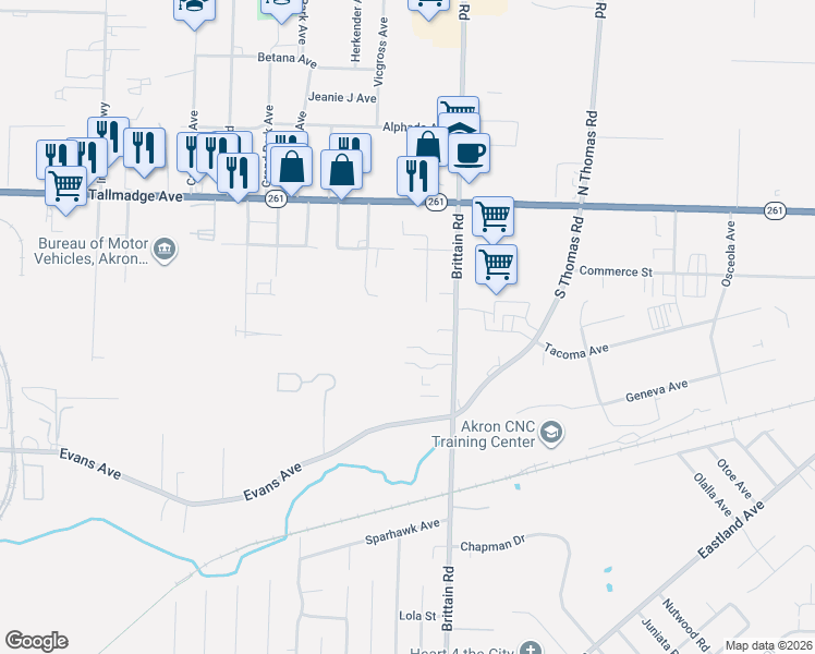 map of restaurants, bars, coffee shops, grocery stores, and more near 1314 Brittain Road in Akron