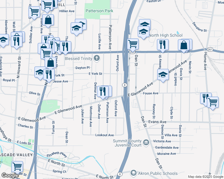 map of restaurants, bars, coffee shops, grocery stores, and more near 470 Patterson Avenue in Akron