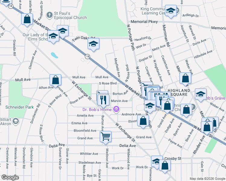 map of restaurants, bars, coffee shops, grocery stores, and more near 46 Metlin Avenue in Akron