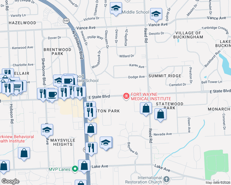 map of restaurants, bars, coffee shops, grocery stores, and more near 4315 East State Boulevard in Fort Wayne