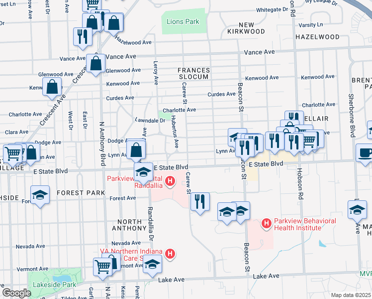 map of restaurants, bars, coffee shops, grocery stores, and more near 2415 Carew Street in Fort Wayne