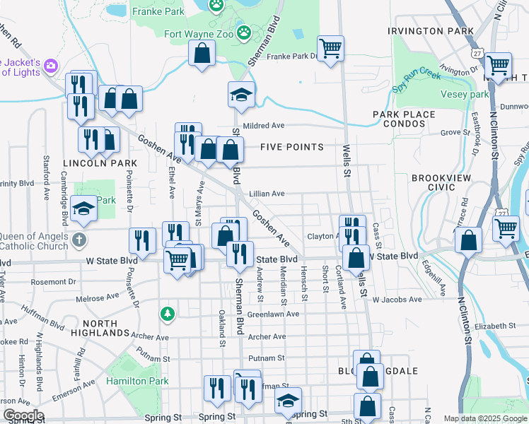 map of restaurants, bars, coffee shops, grocery stores, and more near 718 Irene Avenue in Fort Wayne