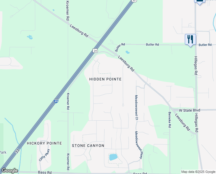 map of restaurants, bars, coffee shops, grocery stores, and more near 2504 Grand Canyon Corridor in Fort Wayne