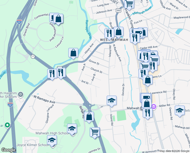 map of restaurants, bars, coffee shops, grocery stores, and more near 115 Church Street in Mahwah