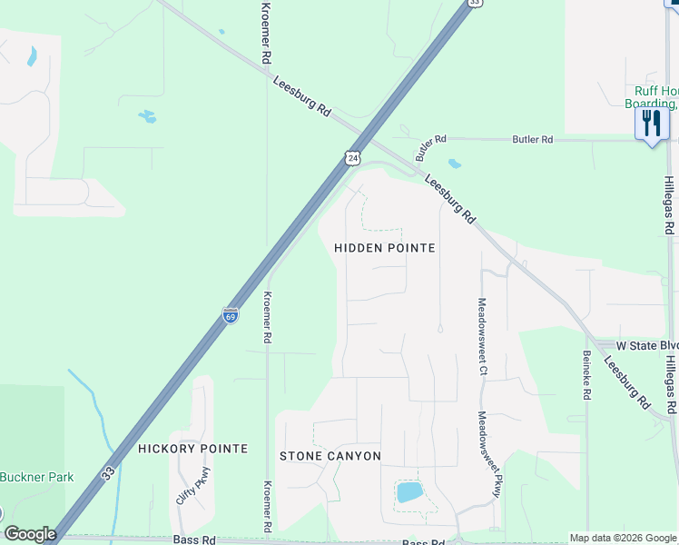 map of restaurants, bars, coffee shops, grocery stores, and more near 2531 Painted Desert Run in Fort Wayne