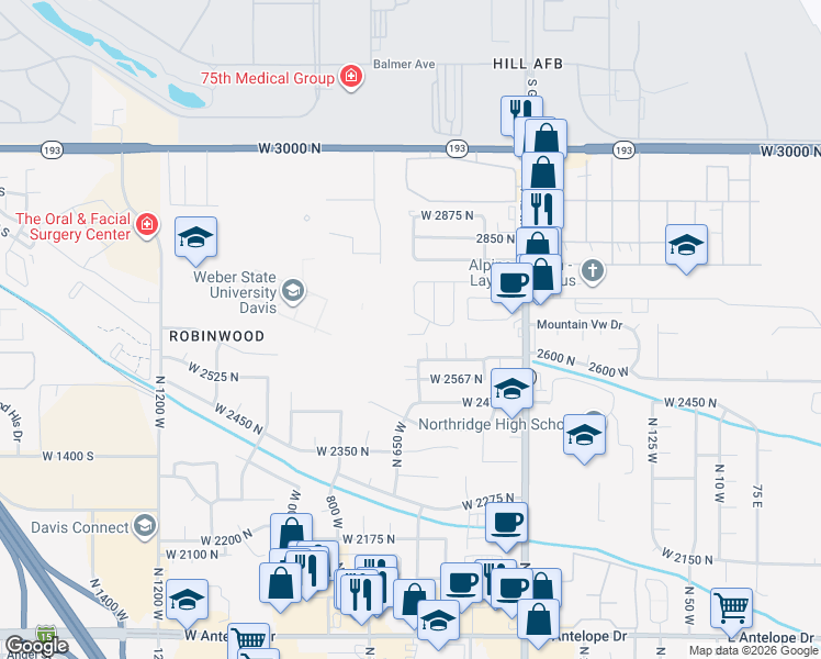 map of restaurants, bars, coffee shops, grocery stores, and more near 122-128 2750 North in Layton