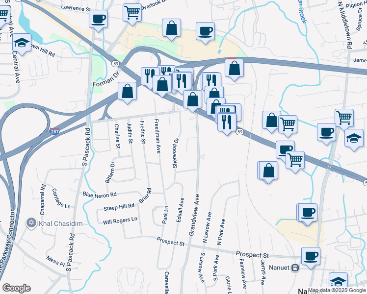 map of restaurants, bars, coffee shops, grocery stores, and more near 9 Henry Court in Nanuet