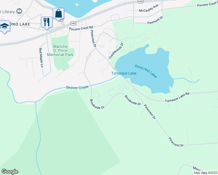 map of restaurants, bars, coffee shops, grocery stores, and more near 119 Mooncreek Lane in Pocono Pines