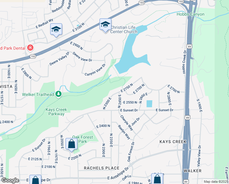 map of restaurants, bars, coffee shops, grocery stores, and more near 2435 East 2750 North in Layton