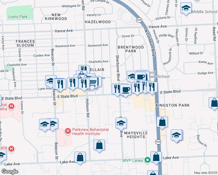 map of restaurants, bars, coffee shops, grocery stores, and more near 2329 Barnhart Avenue in Fort Wayne