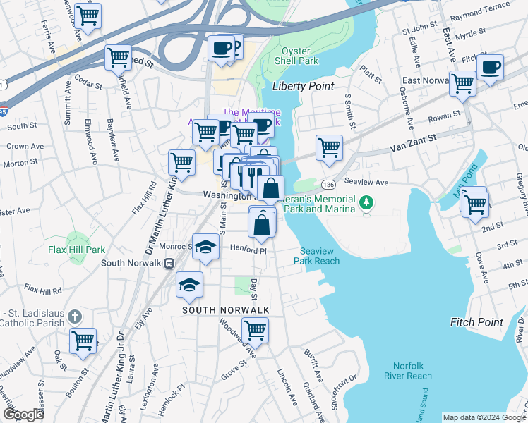 map of restaurants, bars, coffee shops, grocery stores, and more near 55 North Water Street in Norwalk