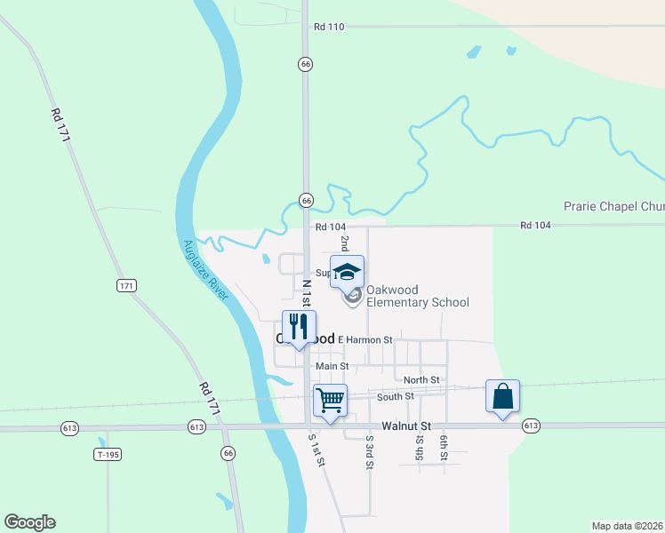 map of restaurants, bars, coffee shops, grocery stores, and more near 103 Estel Street in Oakwood
