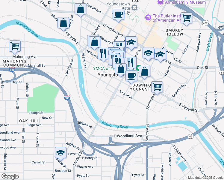 map of restaurants, bars, coffee shops, grocery stores, and more near 9 West Front Street in Youngstown