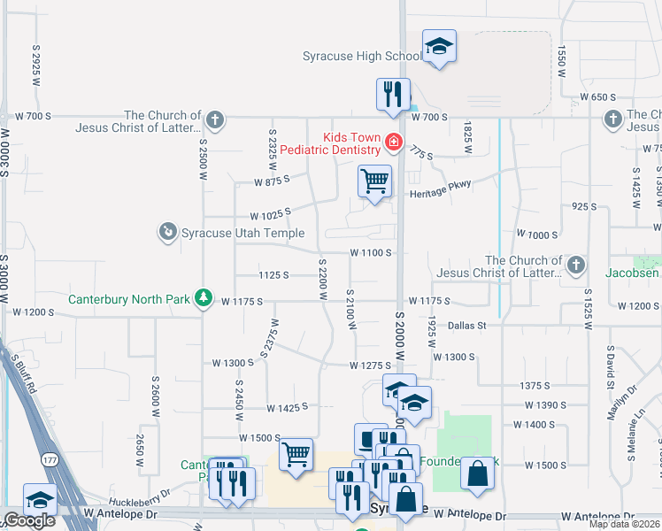 map of restaurants, bars, coffee shops, grocery stores, and more near 1103 South 2200 West in Syracuse