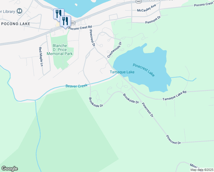 map of restaurants, bars, coffee shops, grocery stores, and more near 119 Mooncreek Lane in Pocono Pines