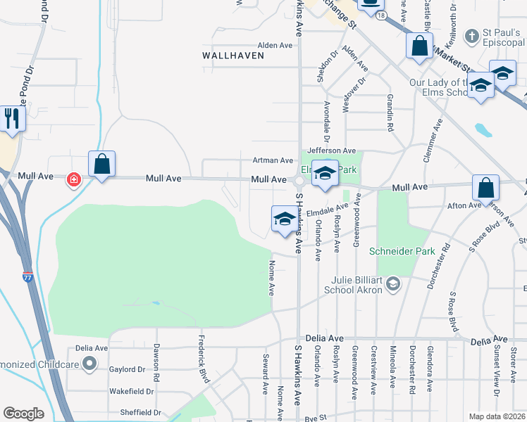 map of restaurants, bars, coffee shops, grocery stores, and more near 630 Mull Avenue in Akron