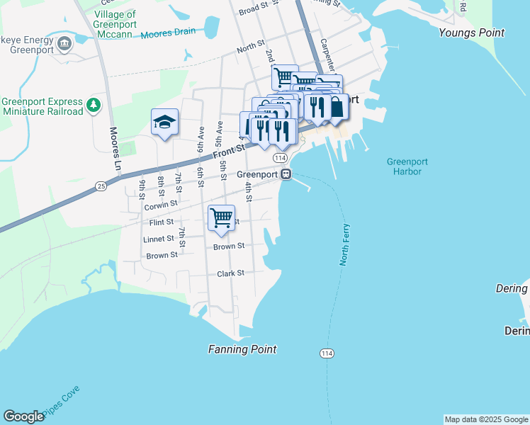 map of restaurants, bars, coffee shops, grocery stores, and more near 308 Flint Street in Greenport
