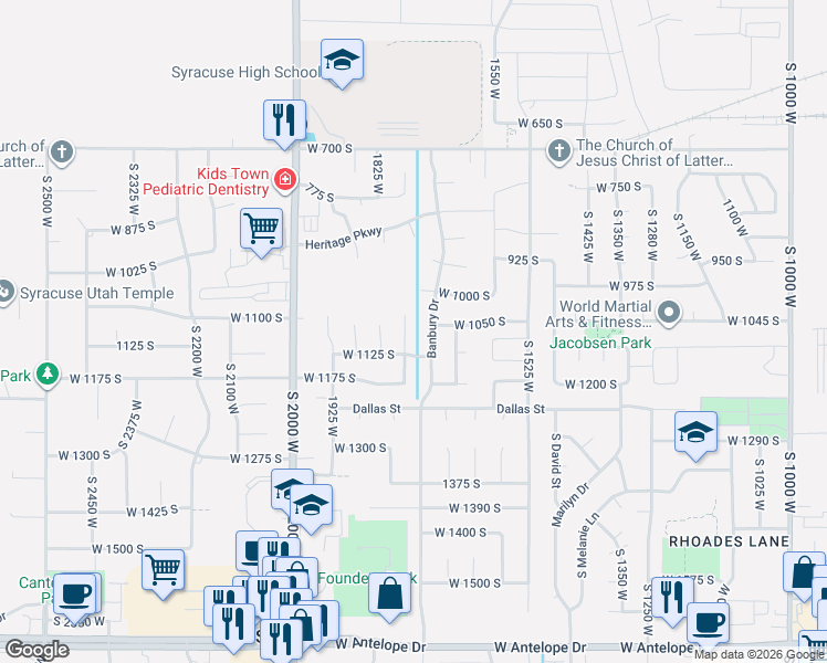 map of restaurants, bars, coffee shops, grocery stores, and more near 1073 South 1775 West in Syracuse