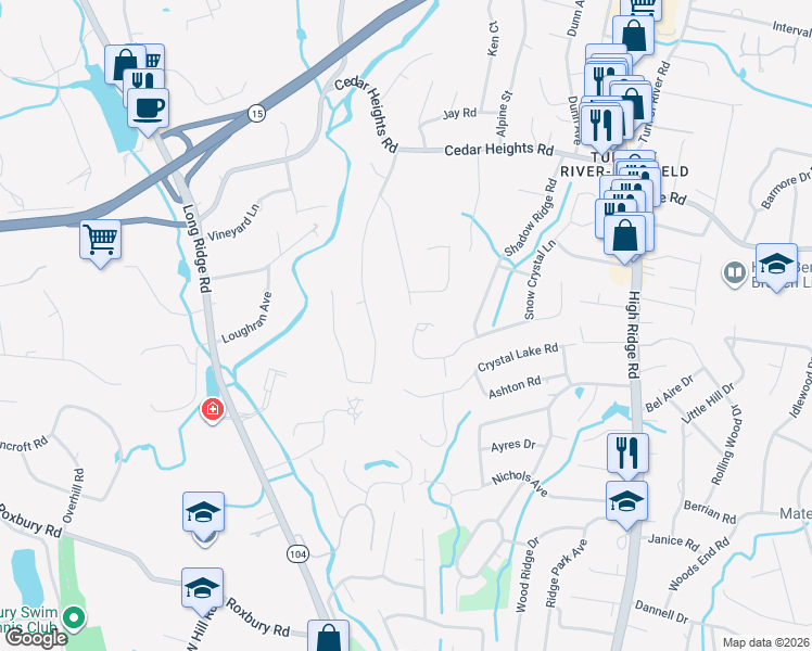 map of restaurants, bars, coffee shops, grocery stores, and more near 109 Sun Dance Road in Stamford