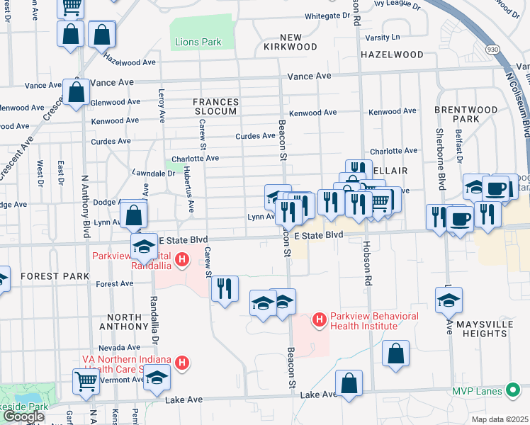 map of restaurants, bars, coffee shops, grocery stores, and more near 2633 Lynn Avenue in Fort Wayne