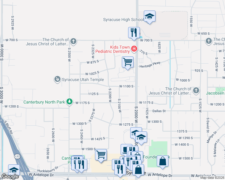 map of restaurants, bars, coffee shops, grocery stores, and more near 1103 South 2200 West in Syracuse