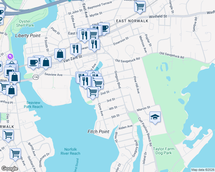 map of restaurants, bars, coffee shops, grocery stores, and more near 40 1st Street in Norwalk