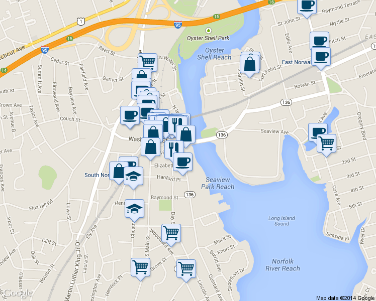 map of restaurants, bars, coffee shops, grocery stores, and more near 47 North Water Street in Norwalk