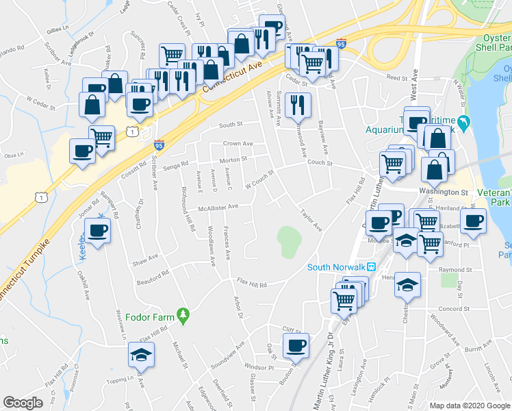 map of restaurants, bars, coffee shops, grocery stores, and more near 17 Keith Street in Norwalk
