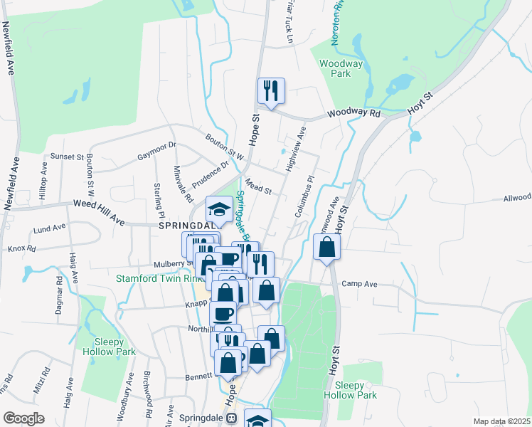 map of restaurants, bars, coffee shops, grocery stores, and more near 95 Highview Avenue in Stamford