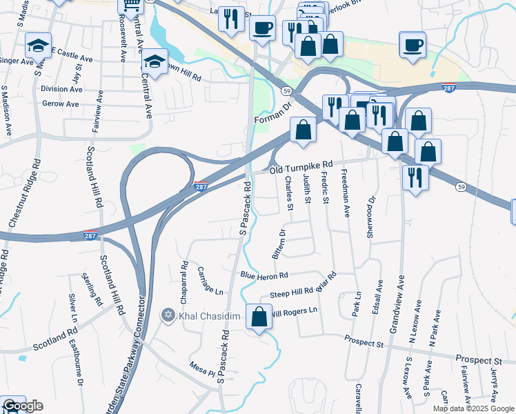 map of restaurants, bars, coffee shops, grocery stores, and more near 157 New Holland Village in Nanuet
