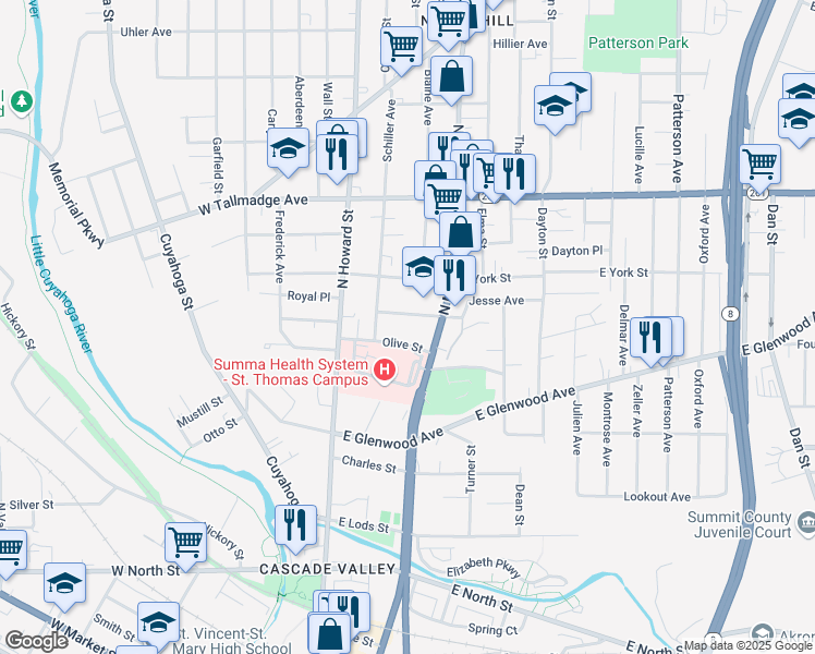 map of restaurants, bars, coffee shops, grocery stores, and more near 68 Mosser Place in Akron