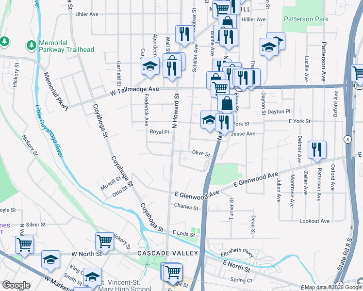 map of restaurants, bars, coffee shops, grocery stores, and more near in Akron