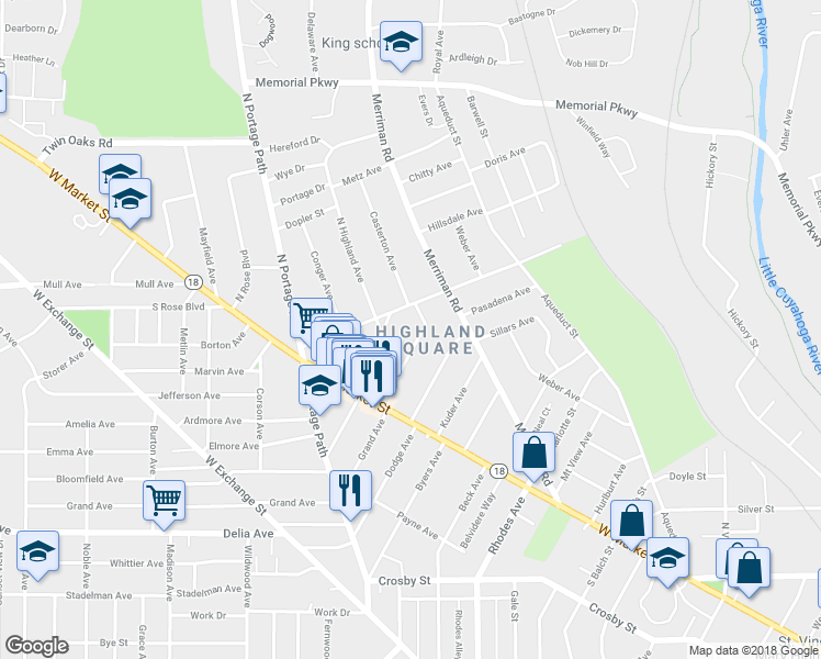 map of restaurants, bars, coffee shops, grocery stores, and more near 85 North Highland Avenue in Akron