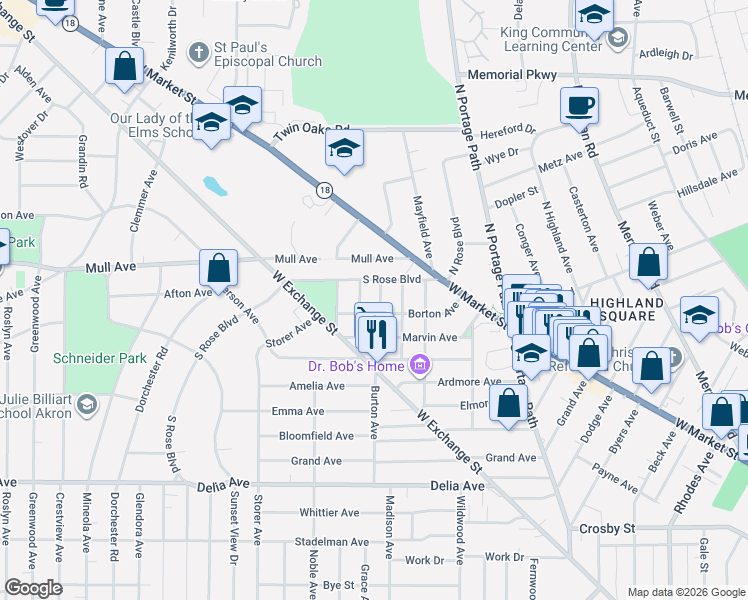 map of restaurants, bars, coffee shops, grocery stores, and more near 82 Dick Avenue in Akron