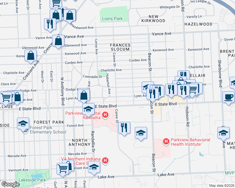 map of restaurants, bars, coffee shops, grocery stores, and more near 2415 Carew Street in Fort Wayne
