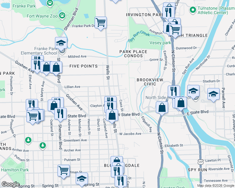 map of restaurants, bars, coffee shops, grocery stores, and more near 2507 Cass Street in Fort Wayne