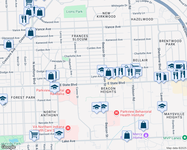 map of restaurants, bars, coffee shops, grocery stores, and more near 2613 Lynn Avenue in Fort Wayne
