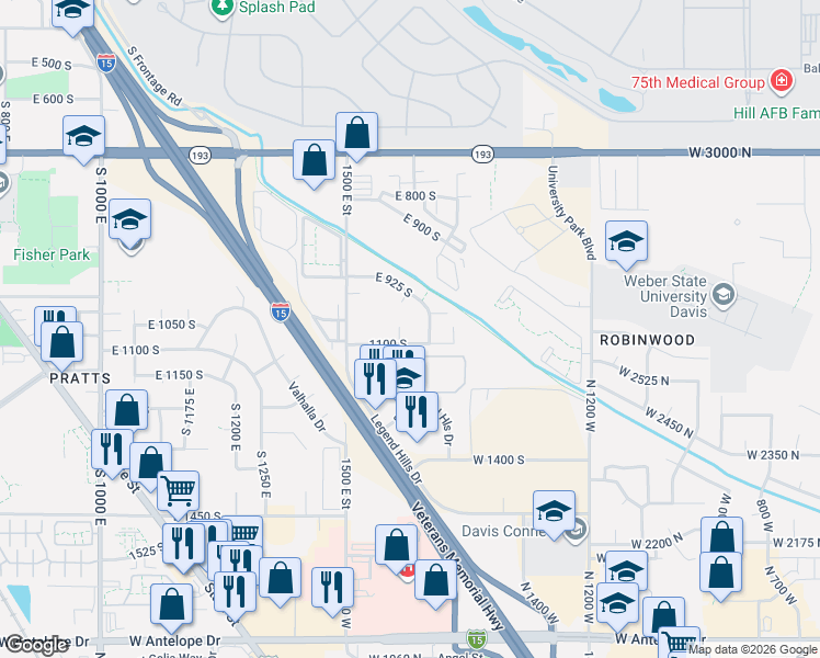 map of restaurants, bars, coffee shops, grocery stores, and more near 1603 East 1100 South in Clearfield