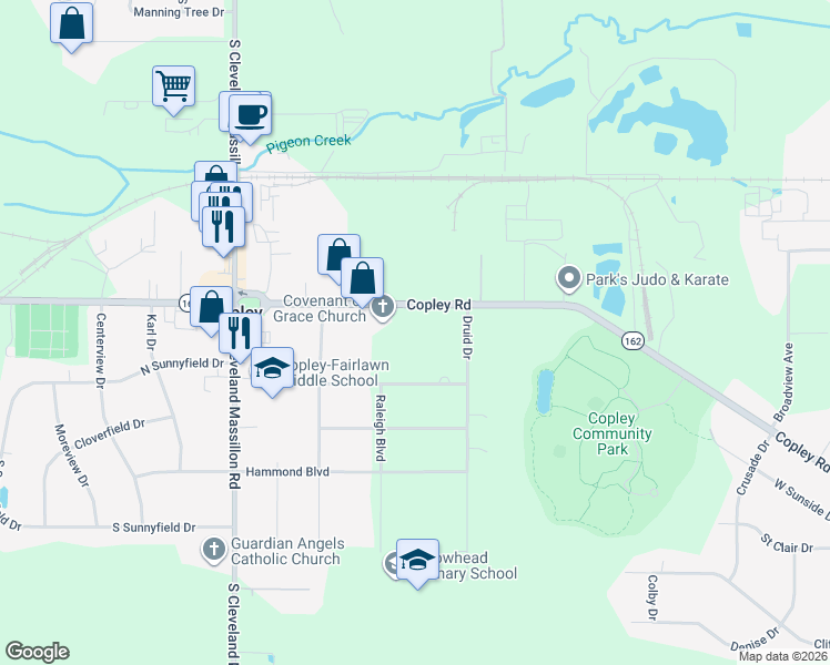map of restaurants, bars, coffee shops, grocery stores, and more near 3390 Copley Road in Akron
