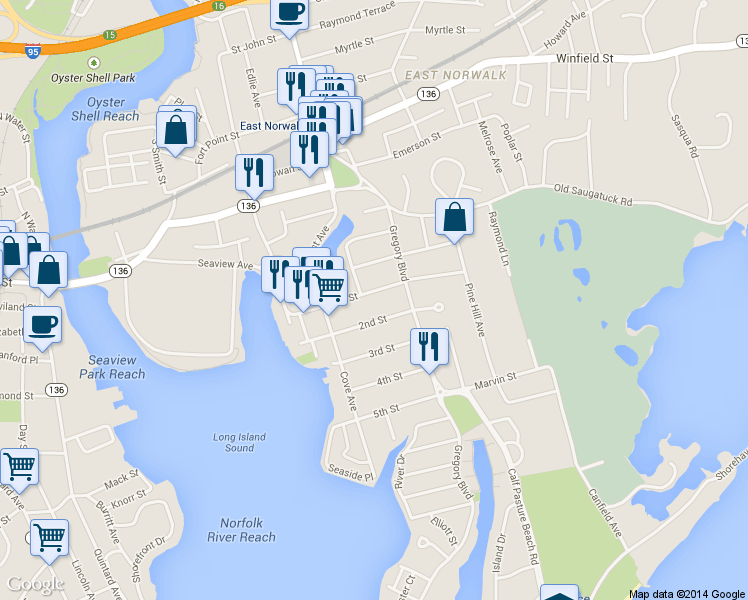 map of restaurants, bars, coffee shops, grocery stores, and more near 40 1st Street in Norwalk