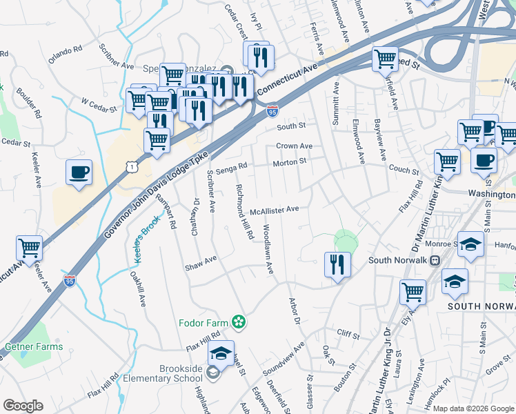 map of restaurants, bars, coffee shops, grocery stores, and more near 36 Avenue D in Norwalk